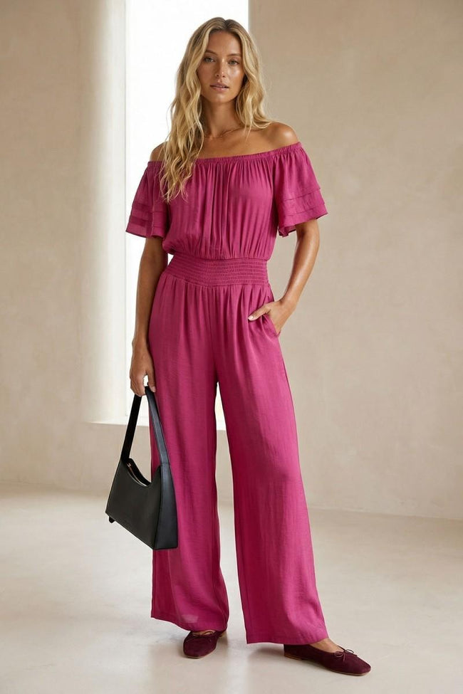 Off The Shoulder Satin Jumpsuit - MULBERRY