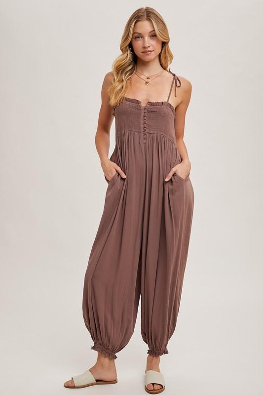 Gauze Smocked Button Front Shoulder Tie Jumpsuit- Mocha