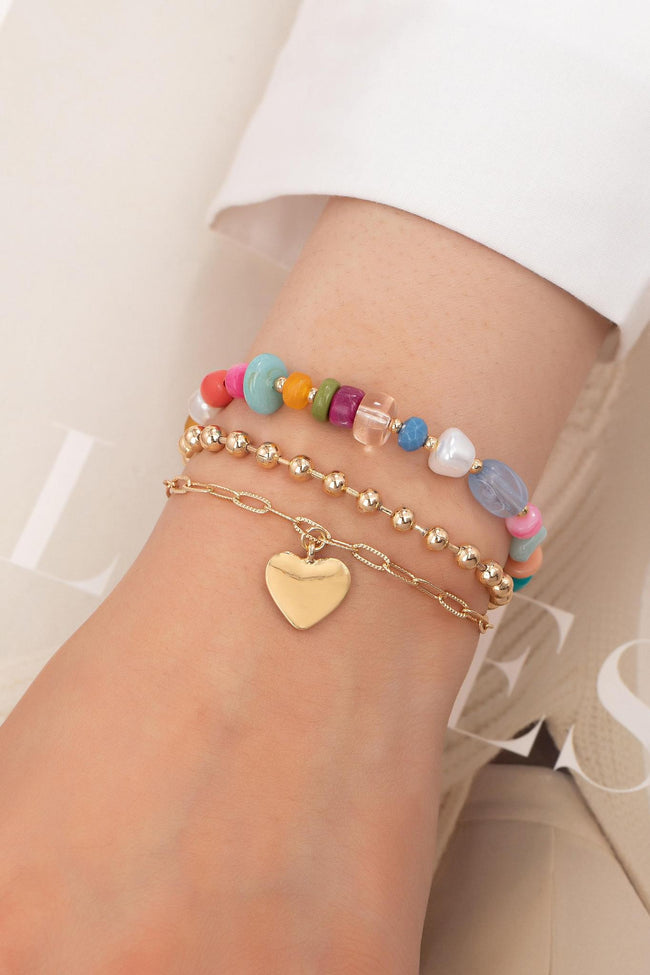 3 Layer Multi Color Bead Heart Charm Bracelet