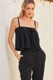 Crinkled Tie Front Flared Cami Top - Black