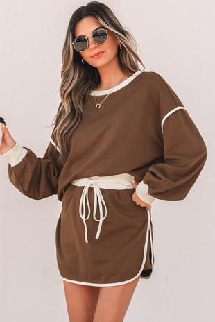 Contrast Loose Pullover Lace-up Waist Skort Set