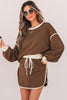 Contrast Loose Pullover Lace-up Waist Skort Set