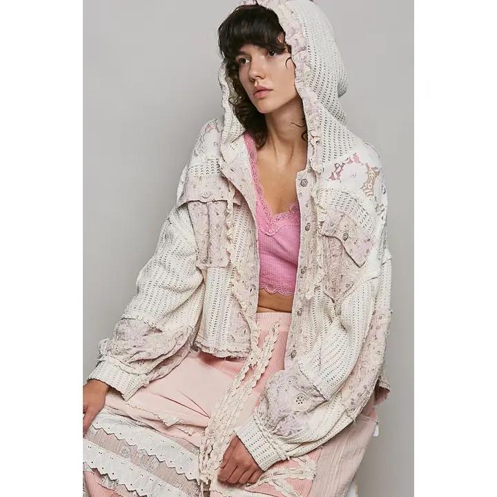 Floral Pattern Lace Contrast Textured Knit Hooded Jacket