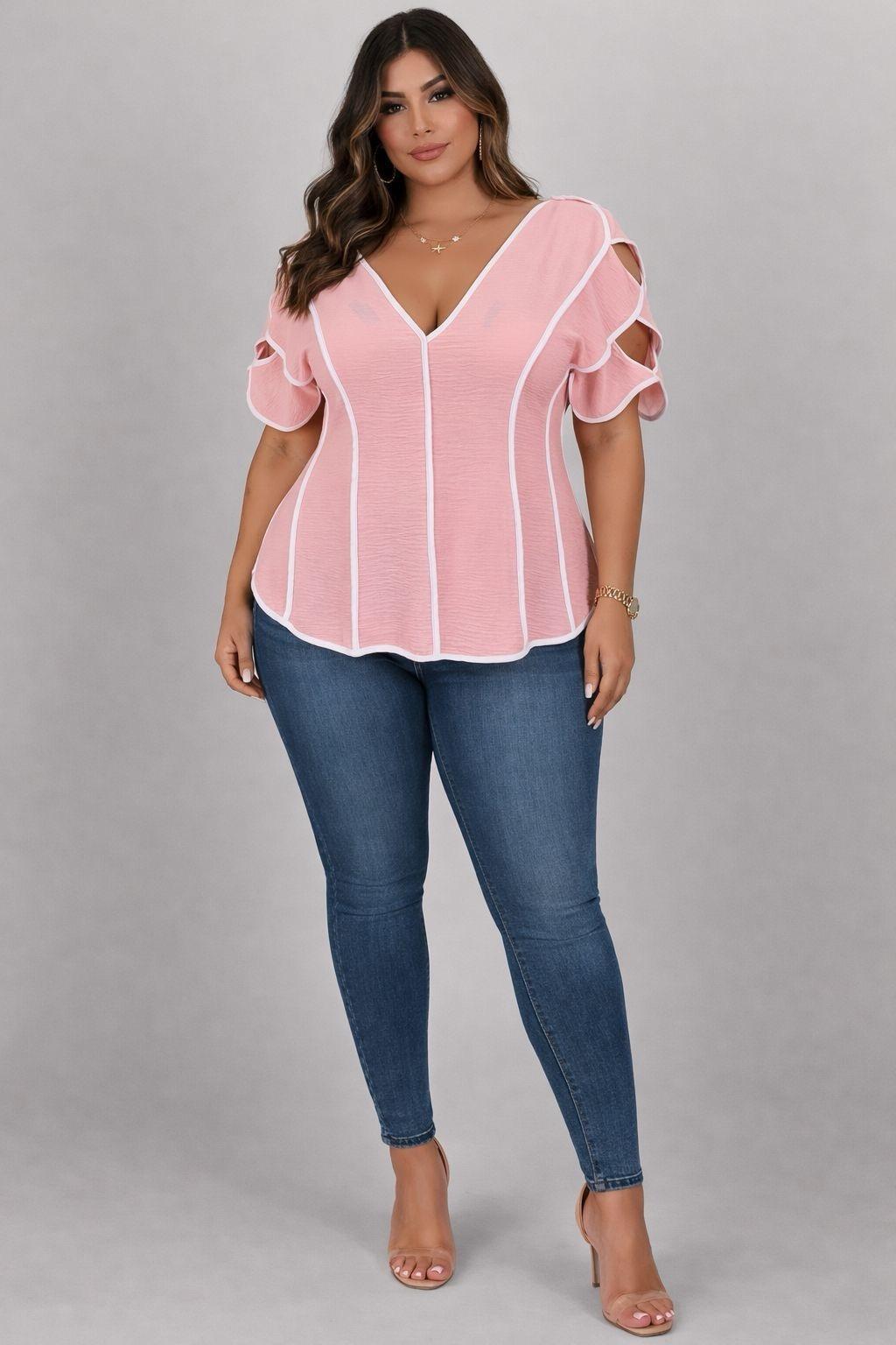 Plus Size Contrast Trim V-neck Peplum Top