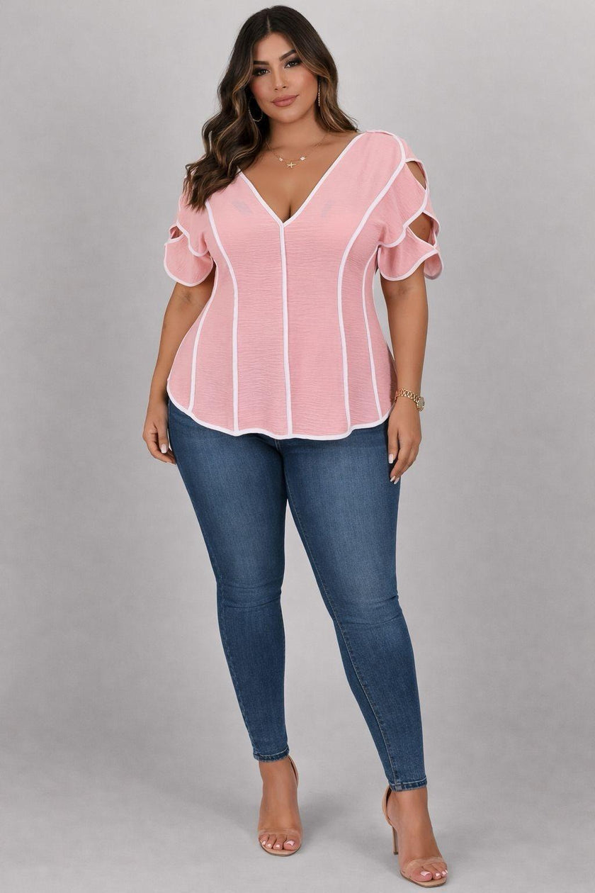 Plus Size Contrast Trim V-neck Peplum Top