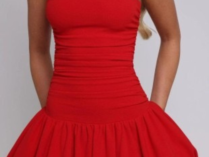 Off Shoulder Strapless Bubble Hem Mini Dress
