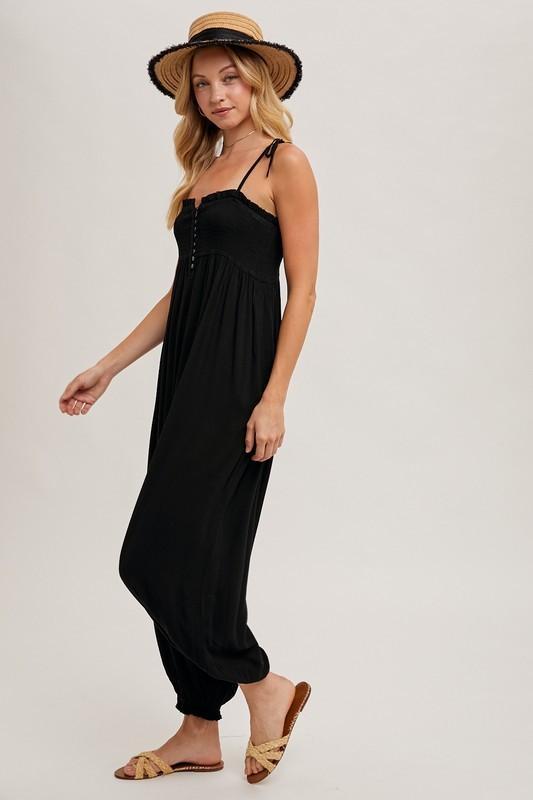 Gauze Smocked Button Front Shoulder Tie Jumpsuit - Black