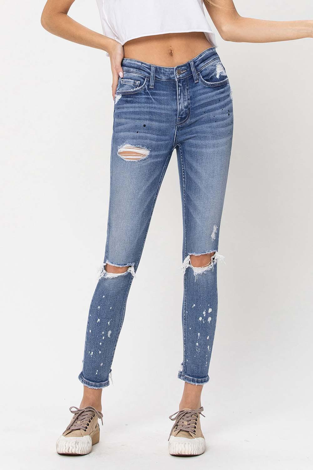 MID RISE DISTRESSED PAINT SPLATTER SKINNY JEANS
