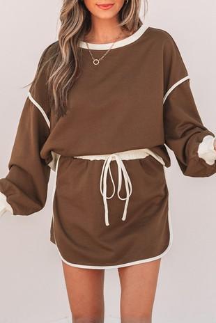 Contrast Loose Pullover Lace-up Waist Skort Set