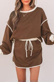 Contrast Loose Pullover Lace-up Waist Skort Set