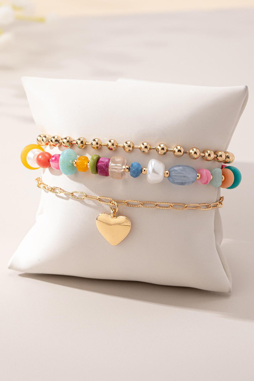 3 Layer Multi Color Bead Heart Charm Bracelet