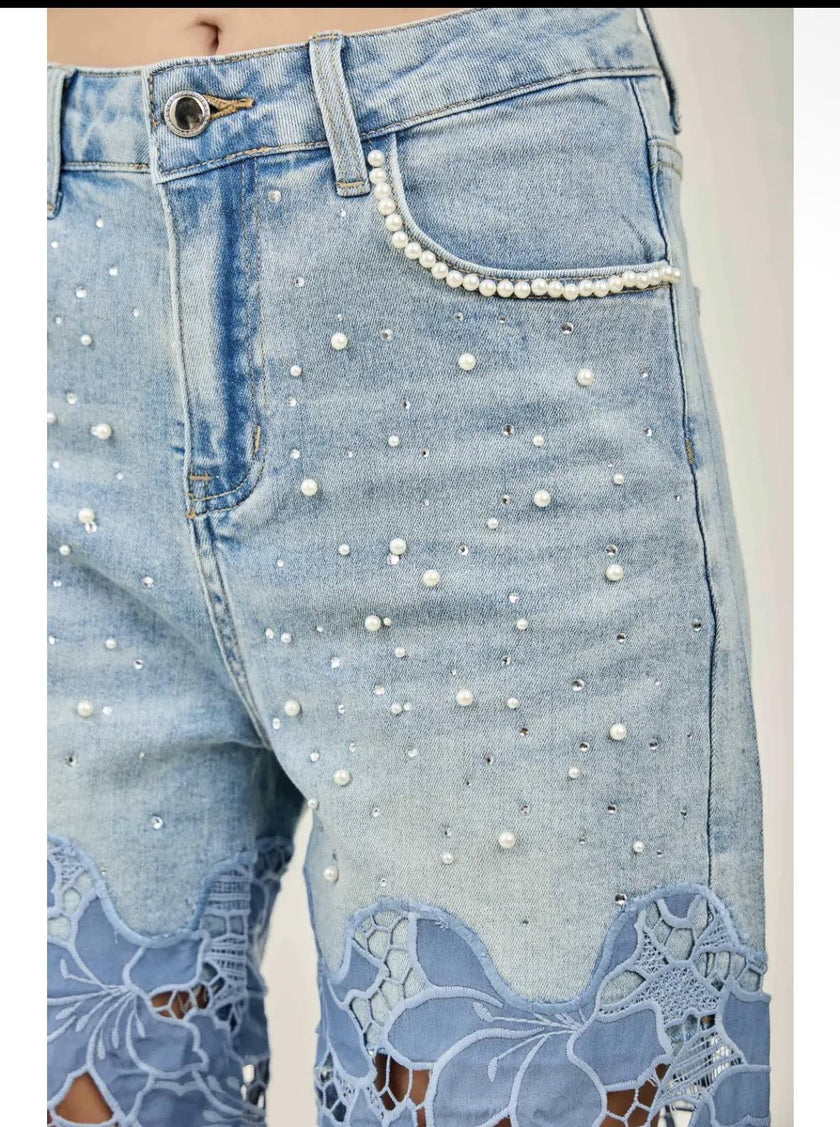 Faux Pearl Accents Floral Lace Spliced Pants