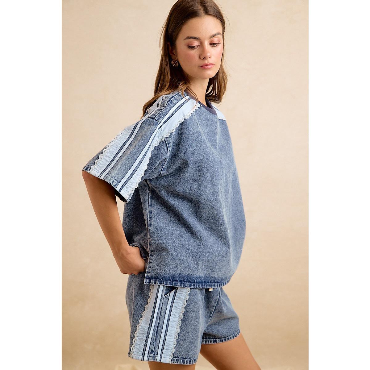 Washed Denim Side Lace Drawstring Set