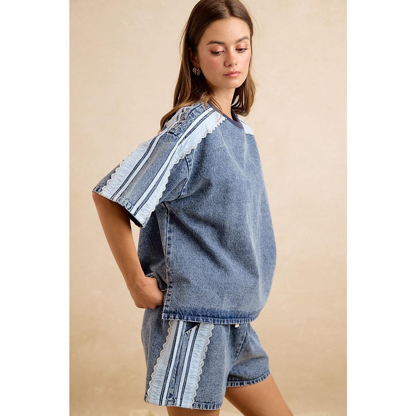 Washed Denim Side Lace Drawstring Set