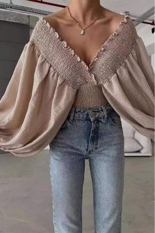 Trendy Smocked Blouse With Bell Sleeves