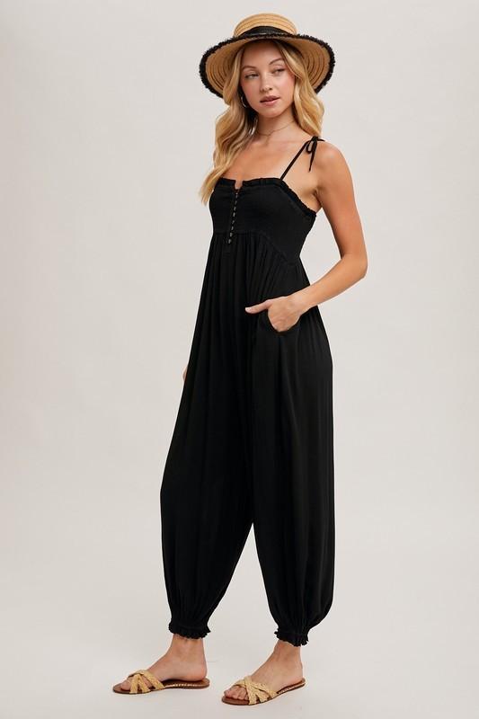 Gauze Smocked Button Front Shoulder Tie Jumpsuit - Black