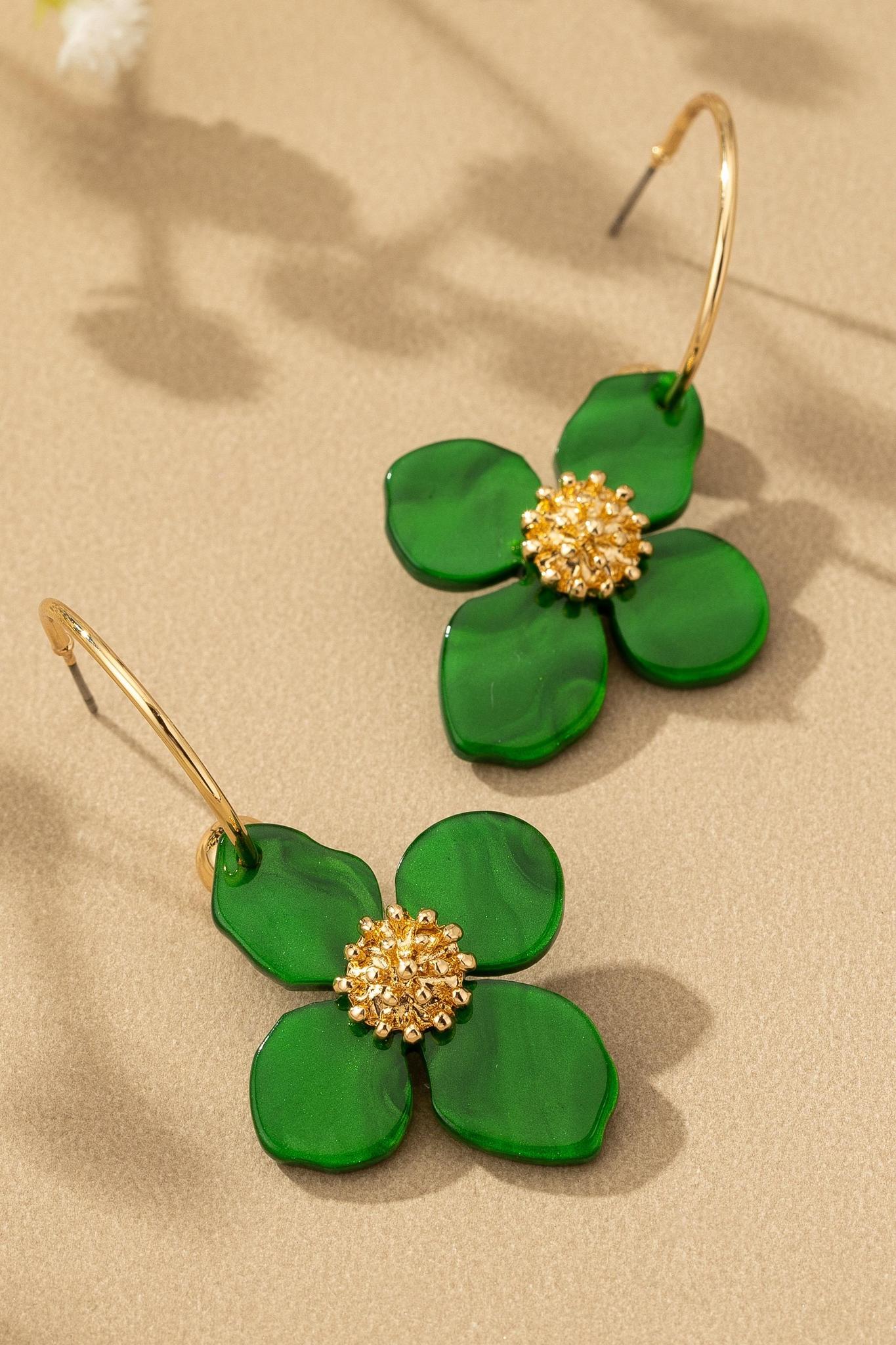 Skinny Hoop With Flower Drop Earrings