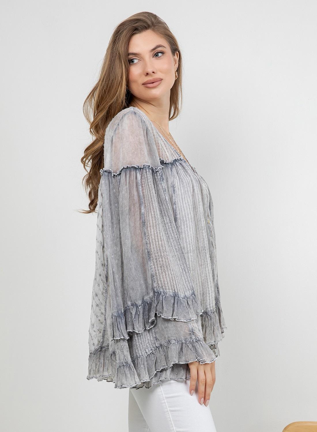 Dreamy Sheer V-neck Ruffled Button-front Top