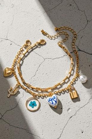 Blue Dried Flower Ceramic Bow Charm Bracelet