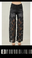 BLK Faux Pearl Accents Floral Lace Denim Pants