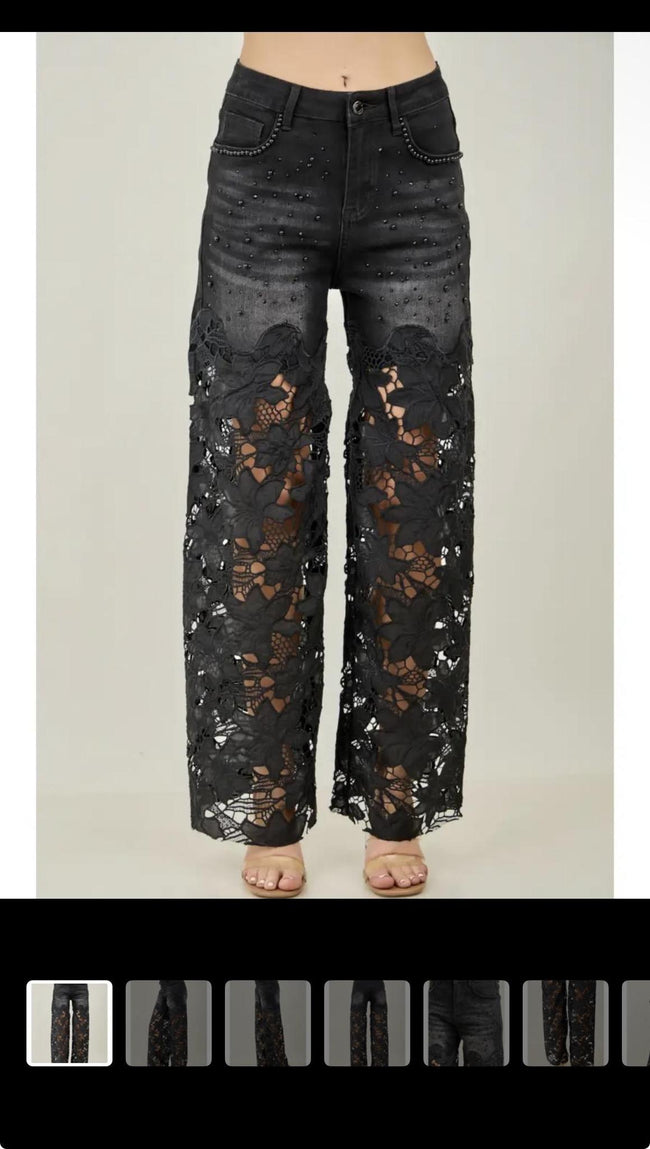 BLK Faux Pearl Accents Floral Lace Denim Pants