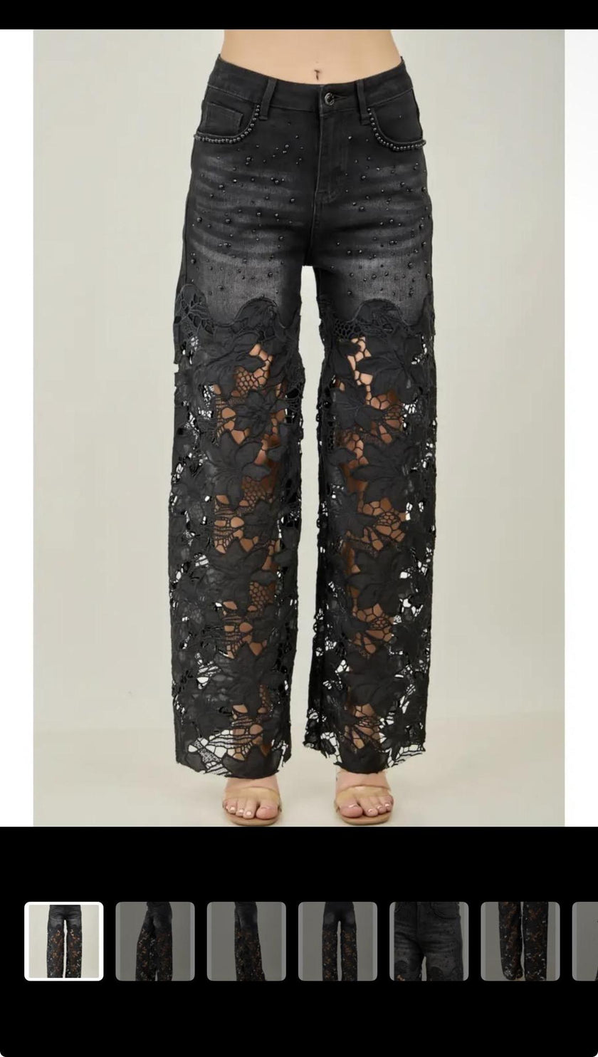 BLK Faux Pearl Accents Floral Lace Denim Pants