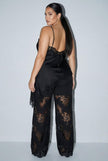 Satin Lace Trim Cami And Pants Set-Black (Plus Size)