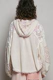 Floral Pattern Lace Contrast Textured Knit Hooded Jacket