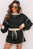 Contrast Loose Pullover Lace-up Waist Skort Set