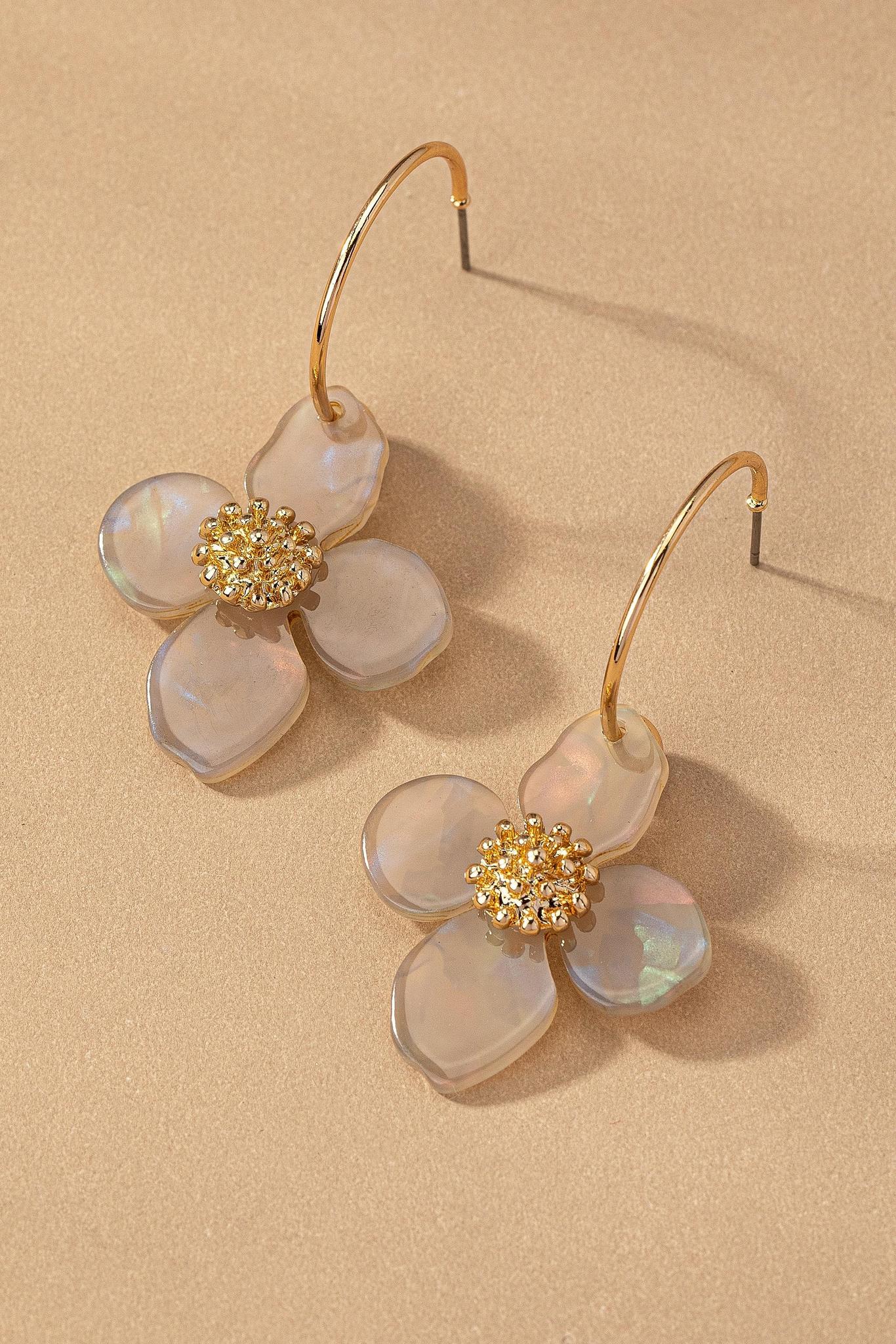 Skinny Hoop With Flower Drop Earrings