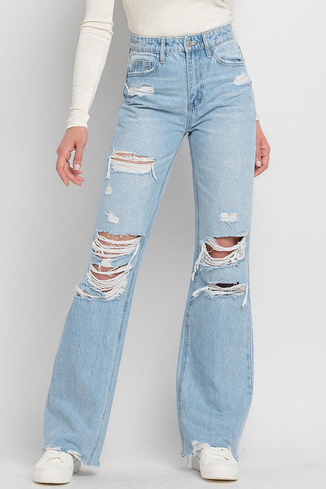 90'S VINTAGE SUPER HIGH RISE DISTRESSED FLARE JEAN