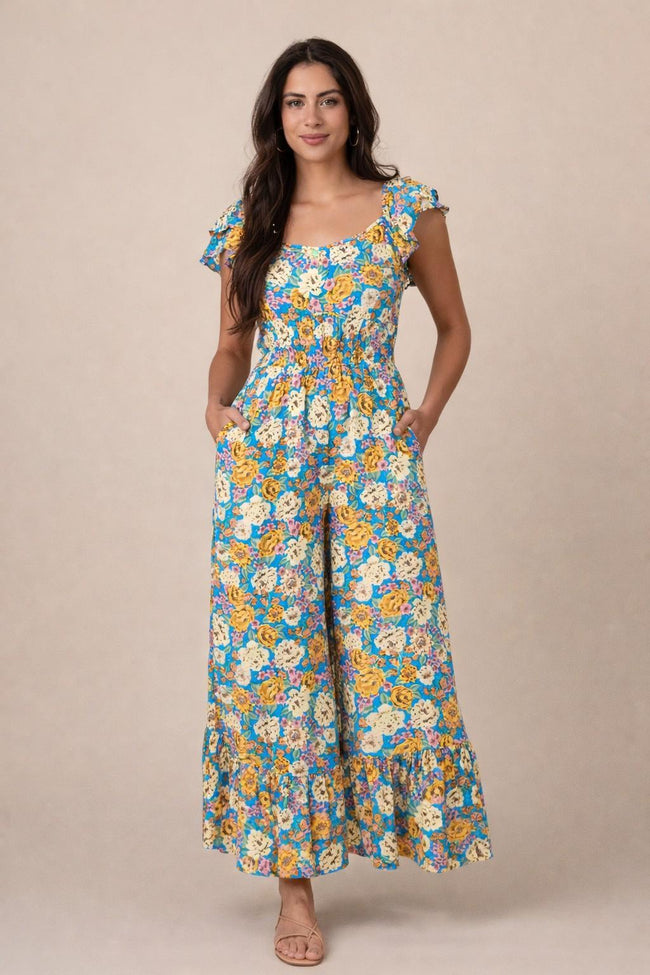 FLORAL CUT OUT HIGH WAIST JUMPSUIT