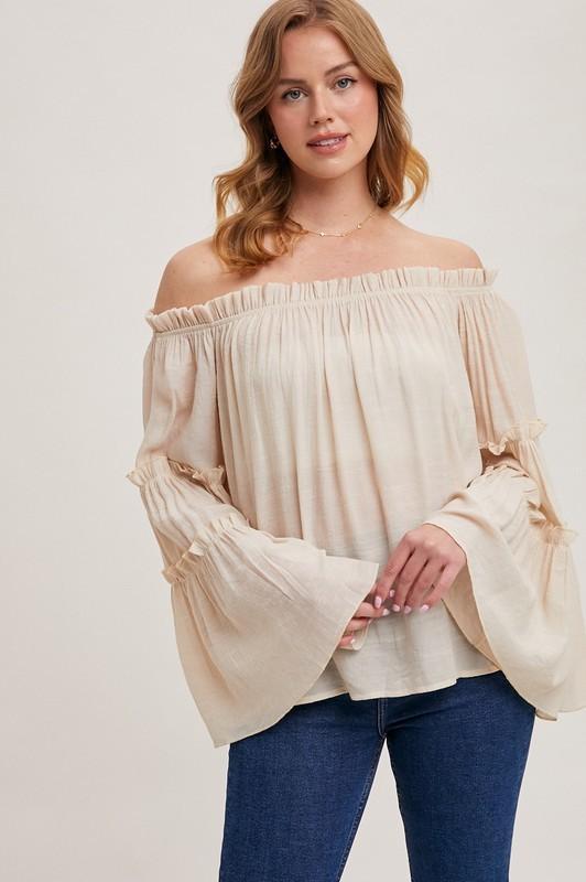 Bell Sleeved Off The Shoulder Ruffle Trim Top